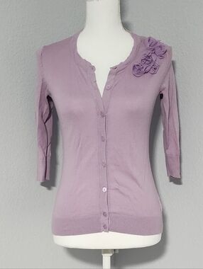 Vintage Y2K Merona 100% Cotton Lavender 3/4 Sleeve Button Up Cardigan Size Small